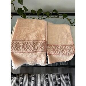 Vintage Cannon Peach/Coral Hand Towel‎ Washcloth Set Floral Jacquard Fringe USA